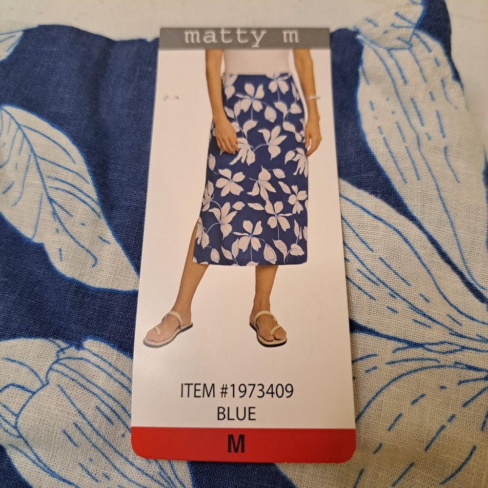 Matty M Midi Skirt Womens Size M Blue NWT Floral Linen Blend Slit 1489-308